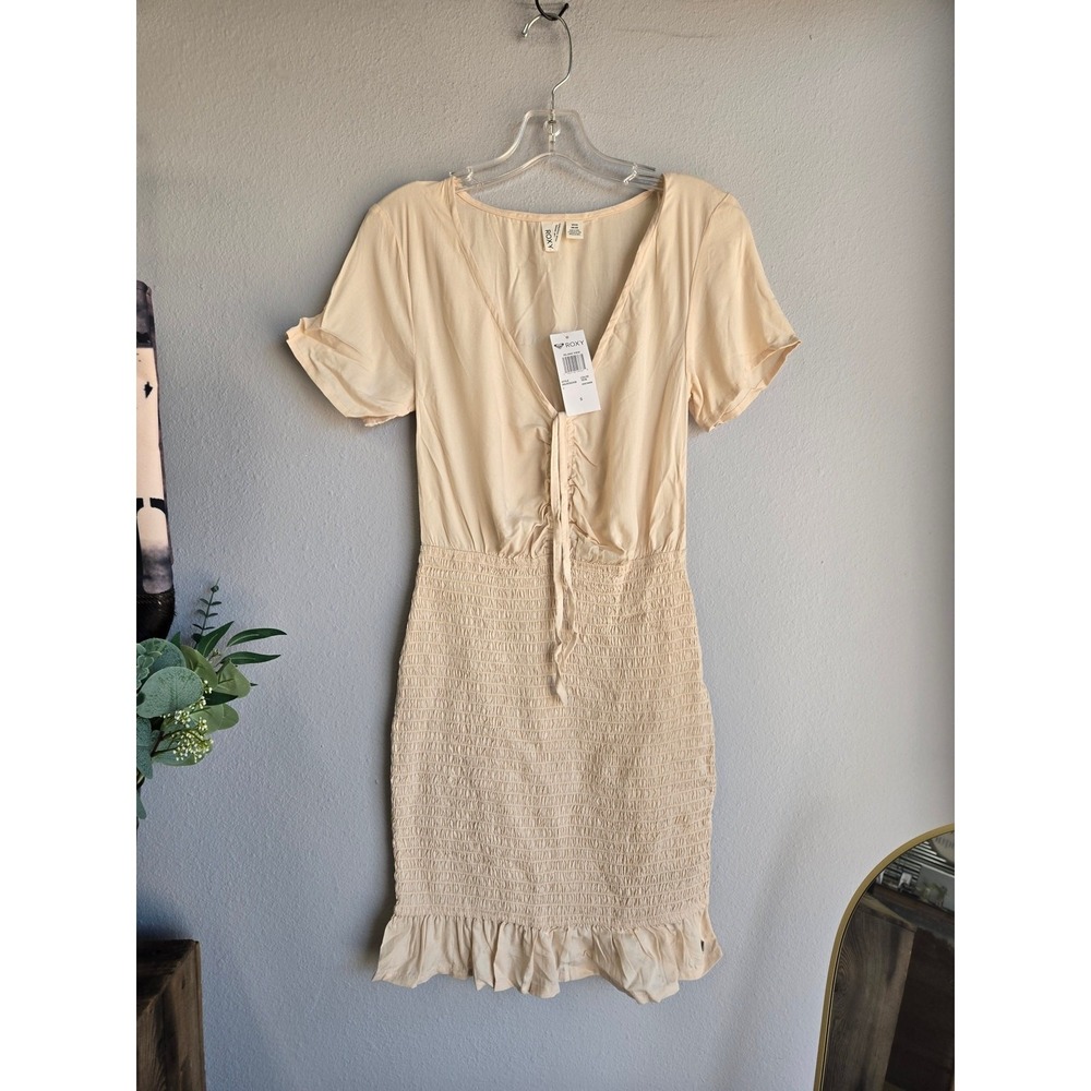Roxy Island View Smocked Beach Boho Ruffle Mini Dress Tan S